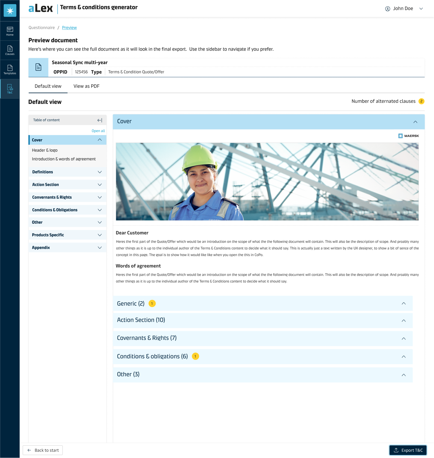Preview of a generated customer contract document with assembled clauses