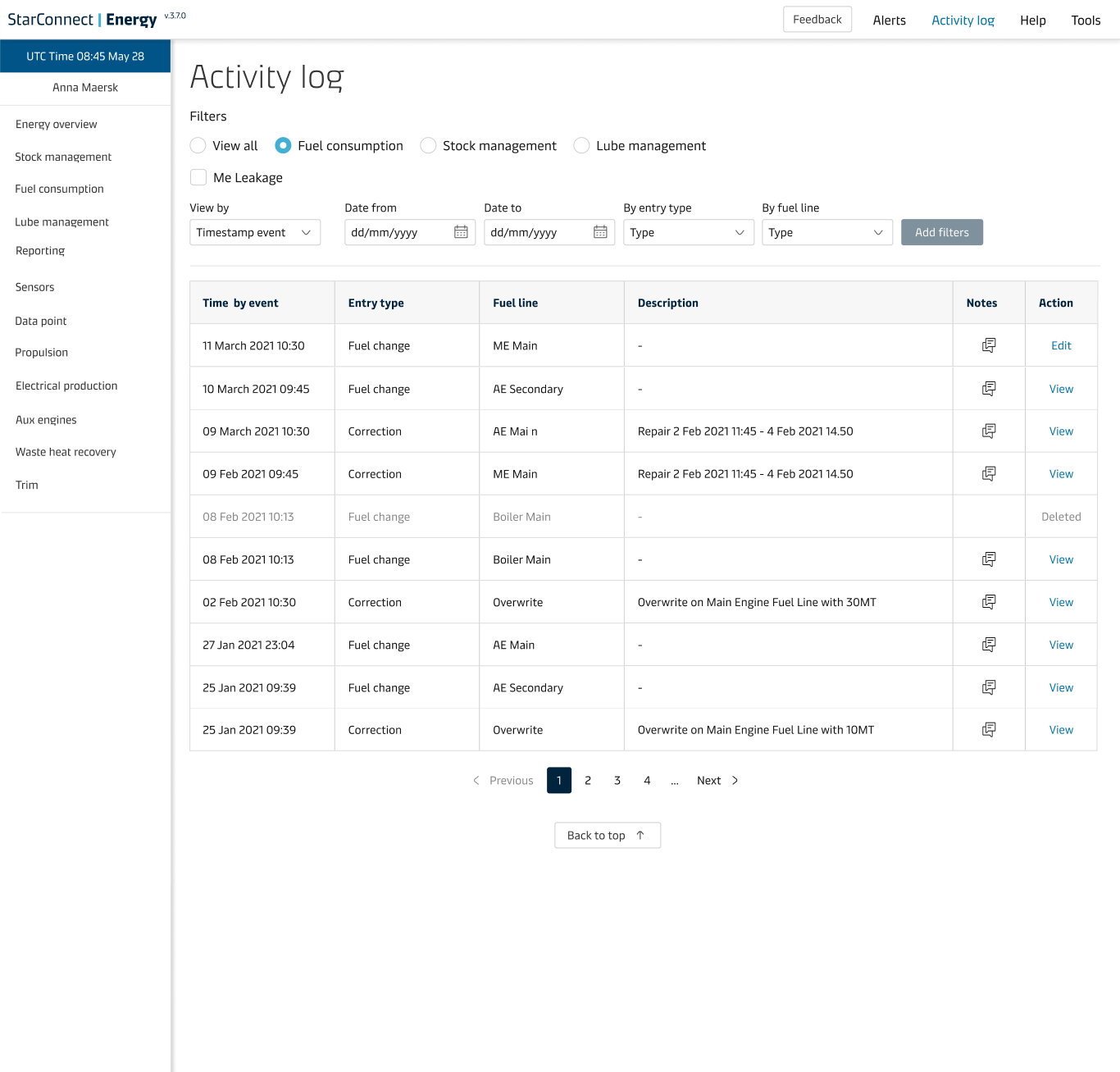 Fuel consumption activity log screen